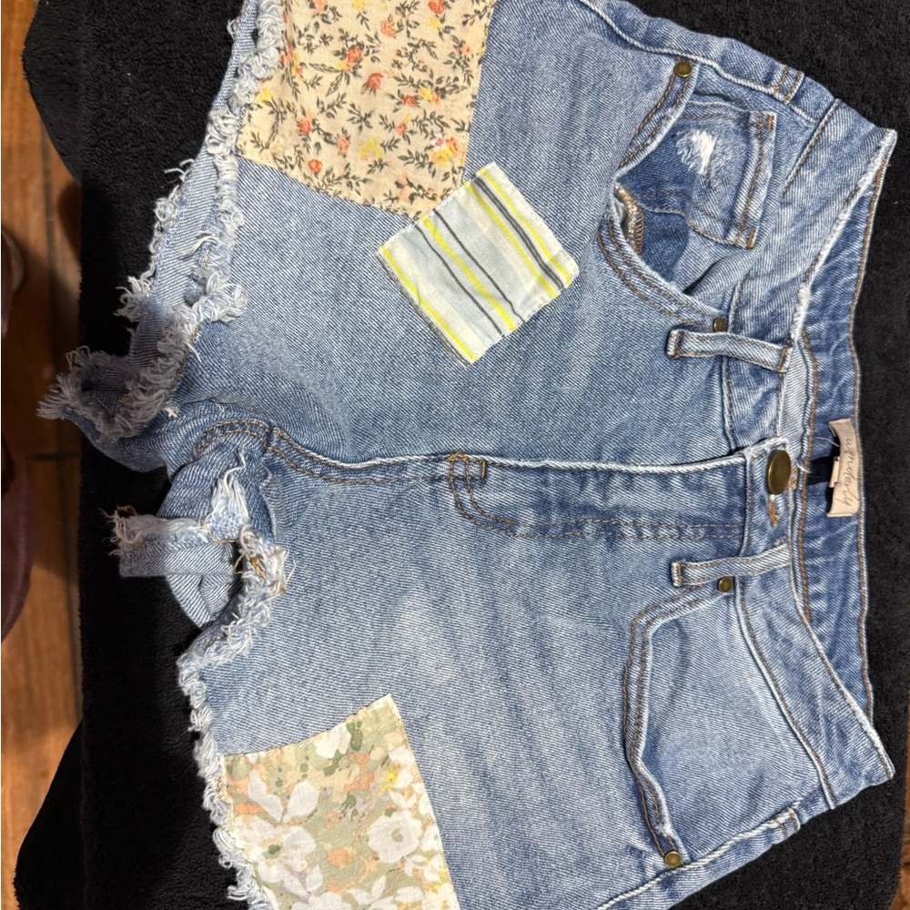 Wonderly Blue Denim Shorts with Floral Patchwork